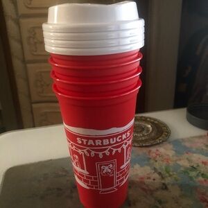 4 Starbucks Red Tumbler with White Lid and Festive Print 2025 Red Christmas